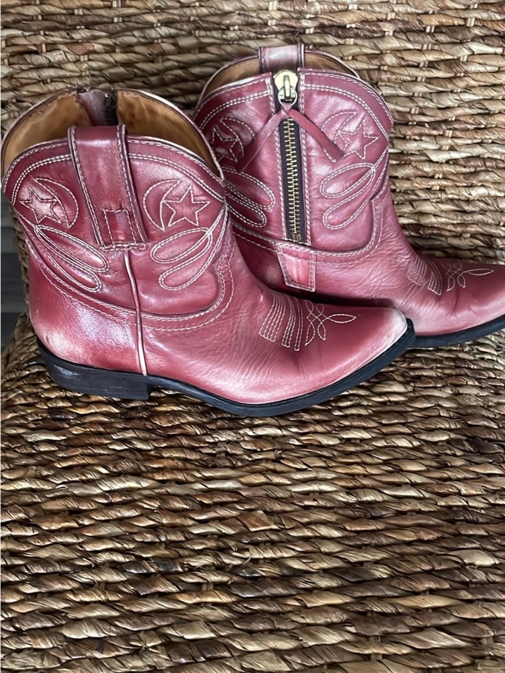Bettye Muller Red Leather Western Ankle Boots